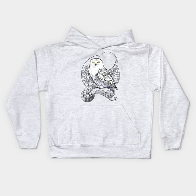 Snowy Owl Doodle in a wintery scene Kids Hoodie by mernstw